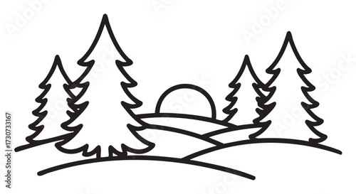 Outline of pine trees and rolling hills with sunset - stock vector