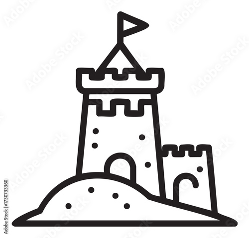 Outline drawing of a sandcastle with flag on top - stock vector