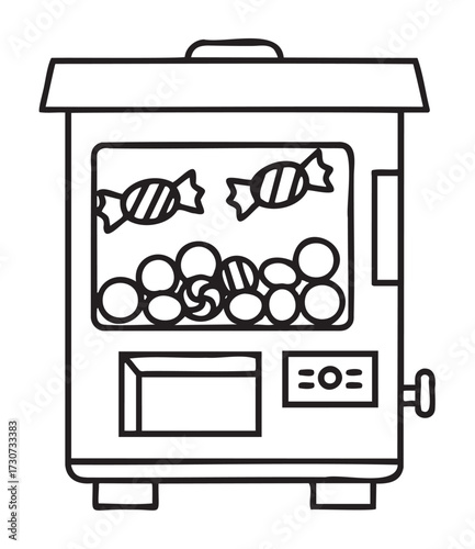 Outline drawing of a candy vending machine with assorted sweets inside - stock vector