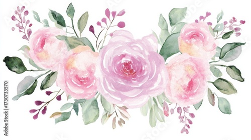 A delicate watercolor floral arrangement with soft pink roses, green leaves,