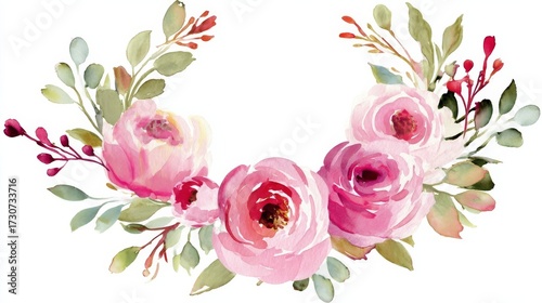 A delicate watercolor arrangement of pink roses with green foliage and red accents forms an elegant circular frame,