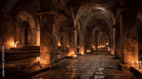 Dark underground catacombs with stone archways and flickering torches