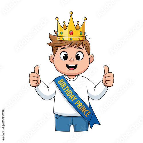 Happy Cartoon Boy Wearing Birthday Prince Sash and Crown Giving Thumbs Up