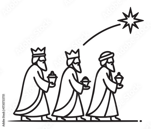 Three wise men following the star in minimalist line art illustration - stock vector