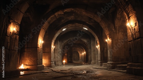 Wallpaper Mural Dark underground catacombs with stone archways and flickering torches Torontodigital.ca