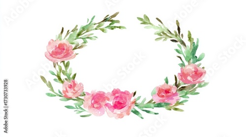 A circular watercolor wreath featuring delicate pink flowers and green leaves,