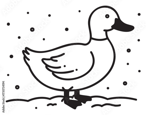 Duck in snowy winter scene outline drawing for coloring - stock vector