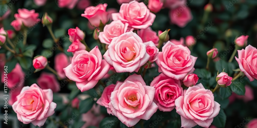 Naklejka premium Soft-focus image of many pink roses, full bloom, lush petals, romantic background, roses, closeup