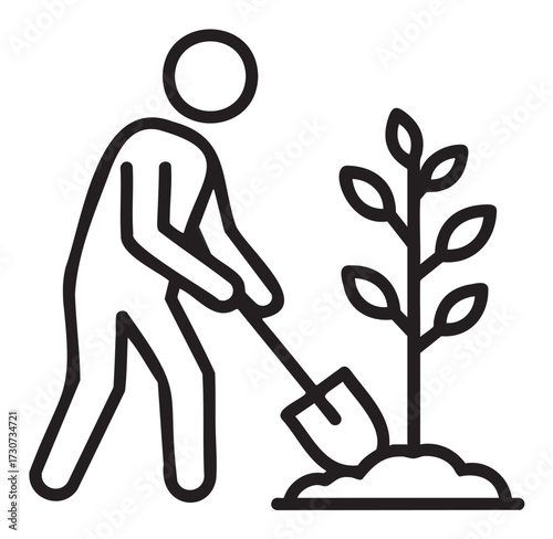 Gardening icon: person planting tree with shovel outline - stock vector