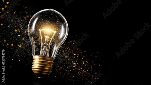 A glowing incandescent lightbulb with bright filament emits warm illumination,