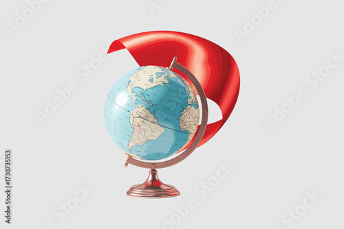 Global Earth Globe on Stand Vector,  Ribbon Wrapped World Symbol Illustration