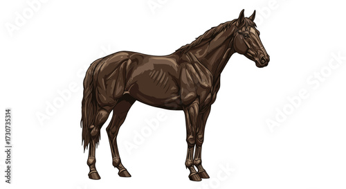 A majestic brown horse stands proudly, showcasing its powerful physique and elegant form with detailed musculature, perfect for equestrian and nature themes