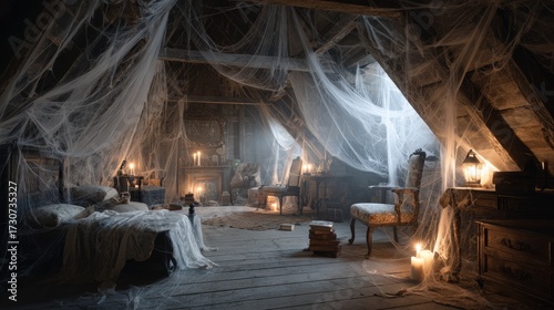 Spooky attic filled with cobwebs. Antique furniture covered in white sheets. Single candle flickering