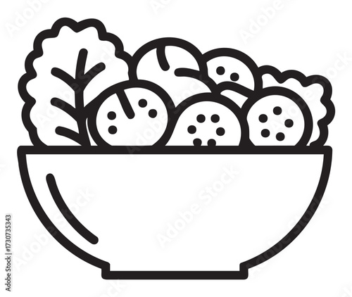 Line art bowl of fresh vegetables with lettuce and tomatoes - stock vector