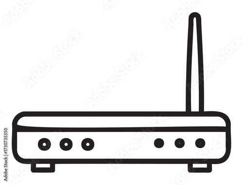 Minimalist black and white wi-fi router icon with antenna and buttons - stock vector