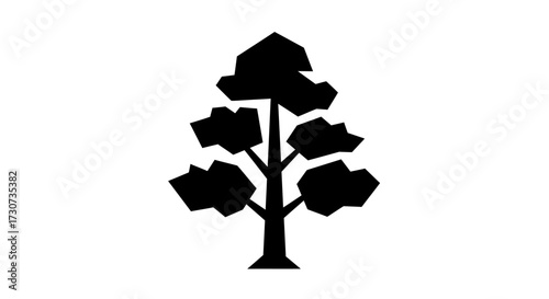 A simple, stylized, and modern silhouette of a deciduous tree with a strong trunk and an abstract, geometric canopy, presented in a clean black and white vector graphic design