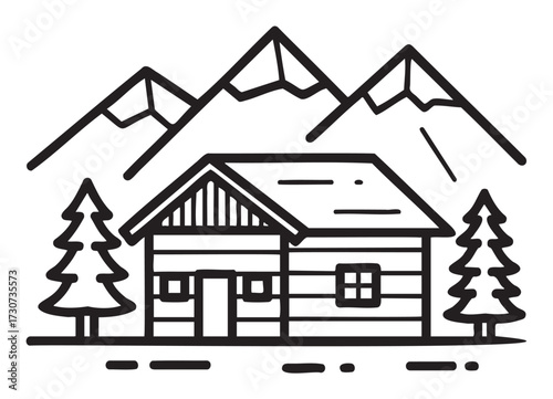 Rustic cabin with mountains and trees in minimalist line art design - stock vector