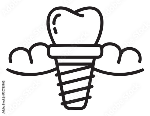 Dental implant icon featuring tooth with screw design and abstract cloud elements - stock vector
