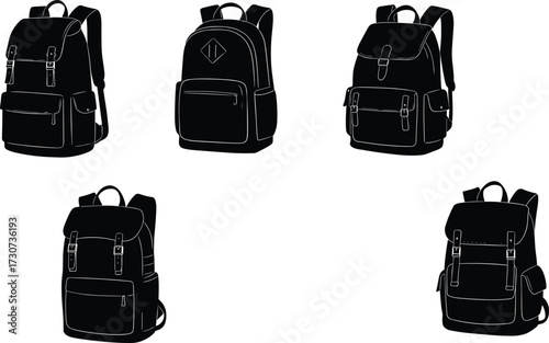 Backpack silhouettes, flap covers, buckle straps, zipper pockets, rugged styles, black vector, travel gear, fashion icons, accessory set, bag illustration