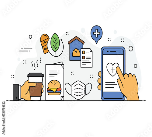 Illustration of a healthy lifestyle with a coffee cup, a red mug, a burger, a leaf, a computer, a trash can, a lamp, and a smartphone concept of balance and wellbeing