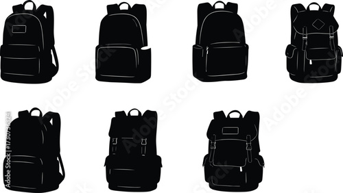 Backpack silhouettes, flap covers, zipper pockets, buckle straps, compartment styles, black vector, travel gear, fashion icons, accessory set, bag illustration