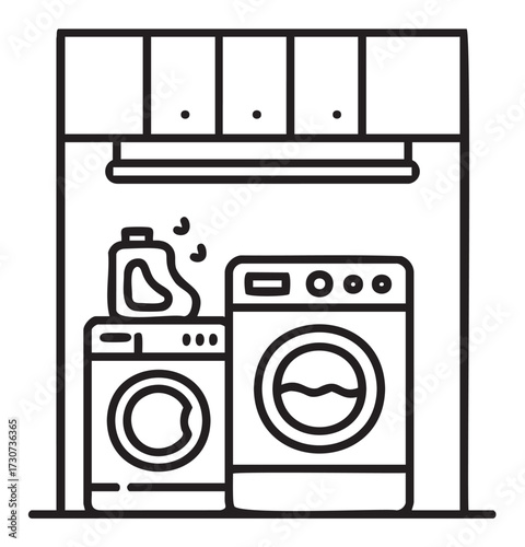 Minimalist laundry room design with washer dryer and detergent bottle illustration - stock vector