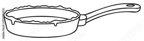 Black and white outline of frying pan with handle and wavy edges - stock vector