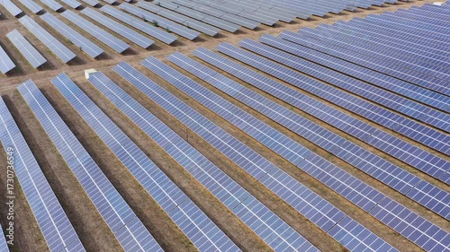 Aerial view to a solar panels in solar park near to Burgas, Bulgaria