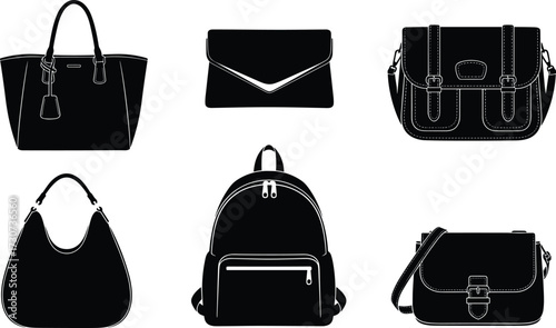 Bag silhouettes, tote, clutch, satchel, hobo, backpack, crossbody, fashion accessory, black design, vector icon, style comparison