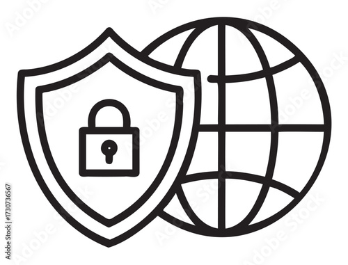 Shield and globe icon representing global internet security and data protection - stock vector