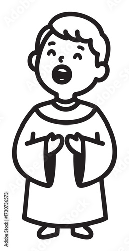 Young caucasian child singing in choir robe with joyful expression - stock vector