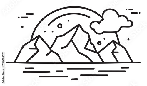 Minimalist black-and-white mountain landscape drawing with cloud and geometric lines - stock vector