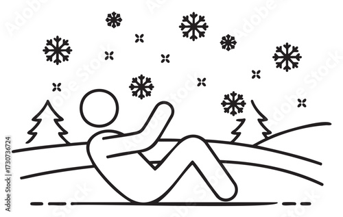 Stick figure in winter wonderland with snow and trees - stock vector
