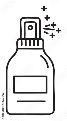 Black and white line art of spray bottle with sparkles emanating from nozzle - stock vector