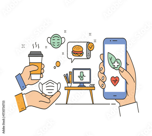 Illustration of a healthy lifestyle with a coffee cup, a red mug, a burger, a leaf, a computer, a trash can, a lamp, and a smartphone concept of balance and wellbeing