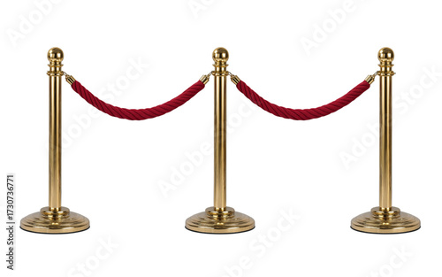 Three gold stanchions with red velvet rope isolated on a transparent background