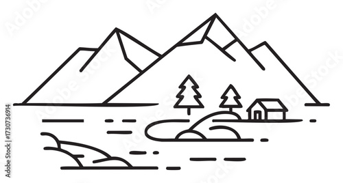 Minimalist black and white mountain landscape with cabin and trees - stock vector