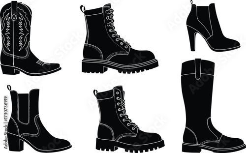 Boot silhouettes, cowboy, combat, ankle heel, Chelsea, riding boot, black design, fashion vector, footwear styles, accessory icons