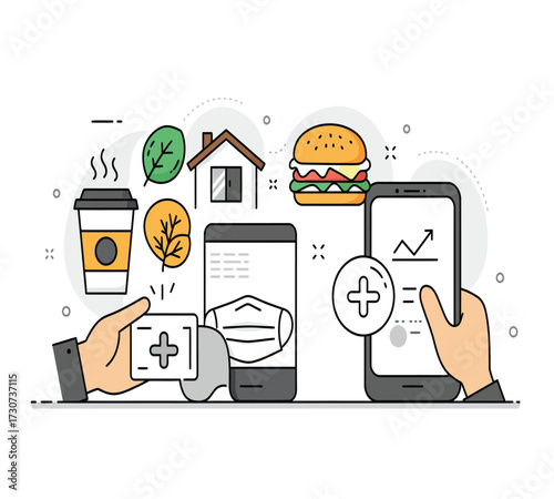 Illustration of a healthy lifestyle with a coffee cup, a red mug, a burger, a leaf, a computer, a trash can, a lamp, and a smartphone concept of balance and wellbeing
