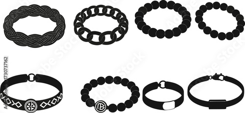 Bracelet silhouettes, fashion accessories, rope styles, bead patterns, emblem details, black vector, jewelry icons, stylish set, wristwear design