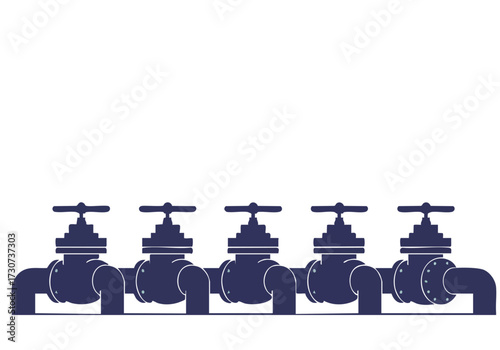 Five industrial check valves line up, creating a clean, modern composition. A simple, graphic design with a muted blue background. Perfect for business or engineering themes.
