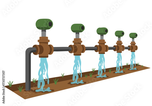 Illustration depicts a sustainable farm irrigation system with water leaks