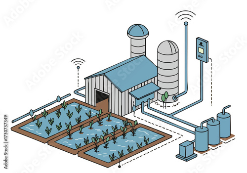 Isometric illustration of a farm with sensor technology. A modern, stylized design showcases irrigation and backup supply systems. Clean lines and a muted color palette create a professional visual.