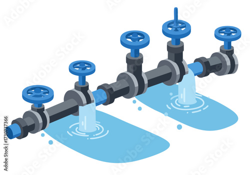 Isometric illustration of a water pipeline with open valves, creating water streams. Clean, modern design with a tech-focused aesthetic. Suitable for business and technology themes.