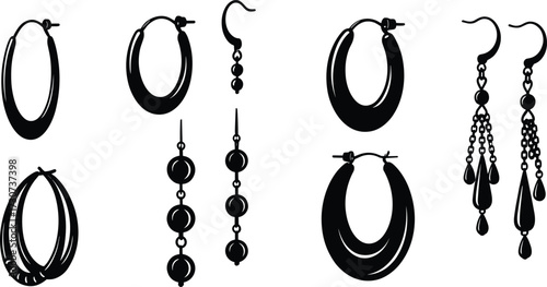 Earring silhouettes, hoop styles, bead drops, teardrop tiers, black vector, jewelry icons, fashion set, elegant accessories, earwear design