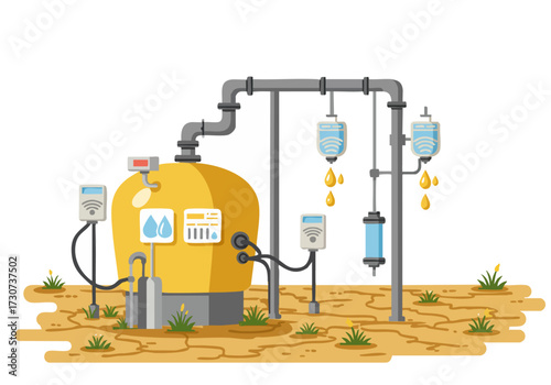 stylized illustration depicts a large water tank with IV drips conveying, modern graphic design showcasing water and technology Suitable for health wellness and sustainability themes