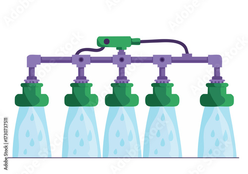 stylized illustration depicts a smart farm hub with robotic sprayers irrigating a field Modern clean design with a focus on agricultural technology Suitable for business and farming themes