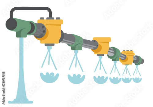 stylized illustration depicts a smart farm irrigation system with glowing sprayers Modern vibrant colors and a clean design showcase agricultural technology