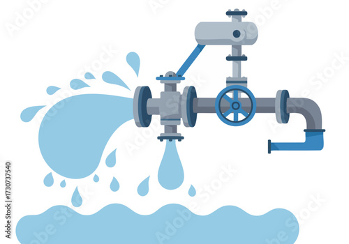 A stylized illustration depicts a water valve leaking, creating a splash. The design features a modern, flat style with blue water and grey pipes.  Clear, impactful visual.