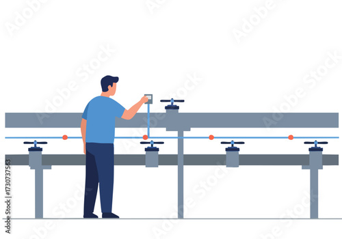A technician inspects a pipeline system, ensuring supply levels. Clean, modern illustration with a focus on detail and functionality. Suitable for industrial or engineering themes.
